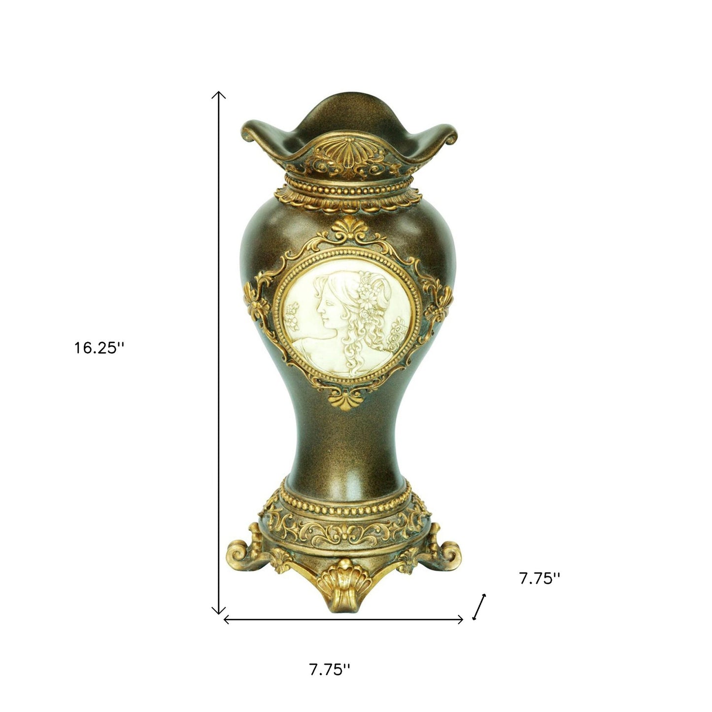 16 inch bronze polyresin urn vase with gold leaf details, timeless elegant table centerpiece