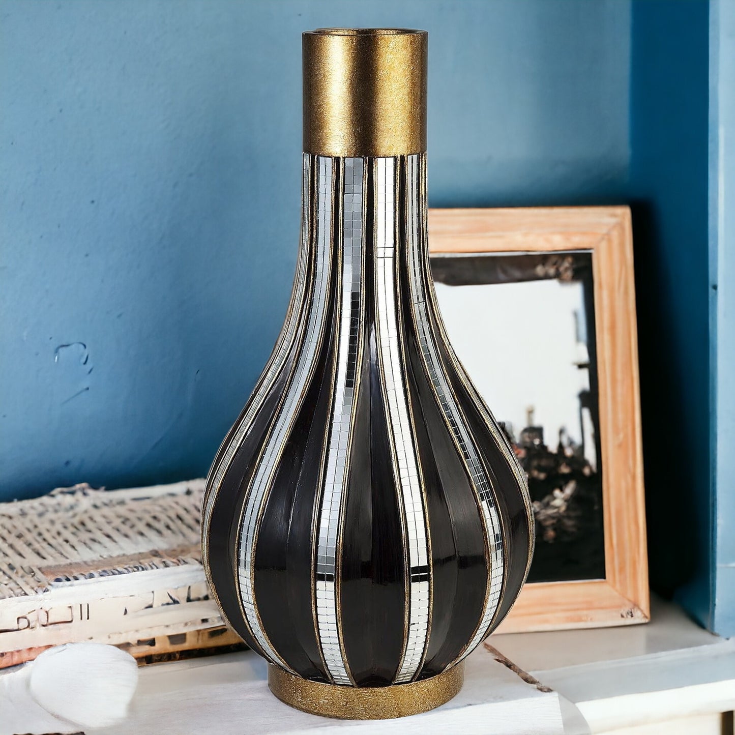Luxury polyresin vase detail view showing gold and black striped pattern, 16 inch glam centerpiece