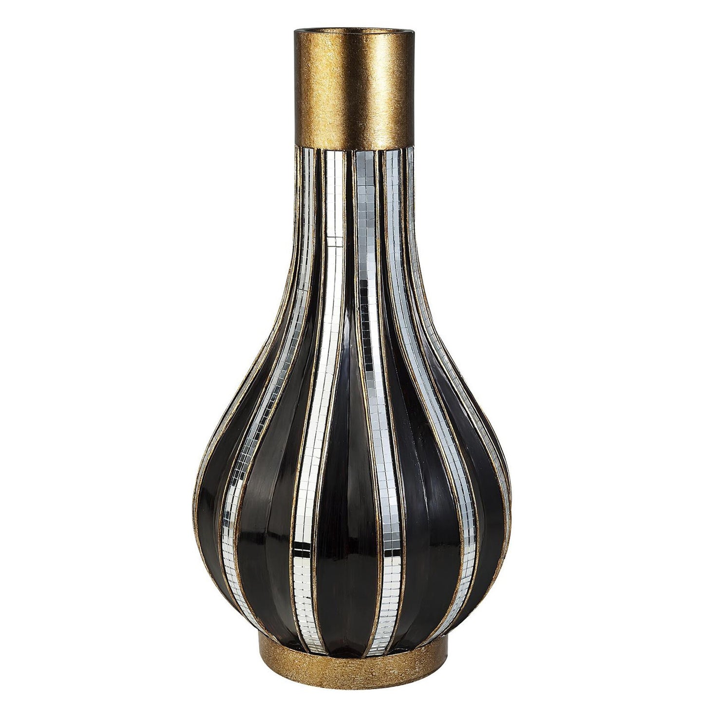 16 inch gold black bud vase with striking striped design, contemporary luxury home accent