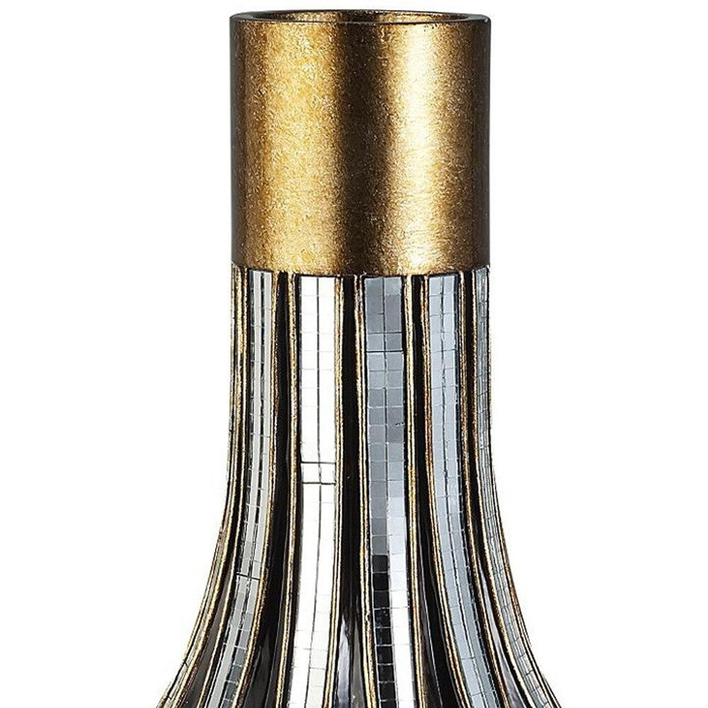 Modern glam striped vase showing premium polyresin construction, 16 inch gold black table decor