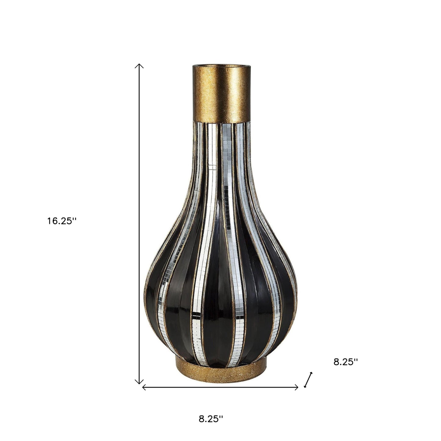 16 inch gold black striped polyresin vase full view, luxury glam home decor statement piece
