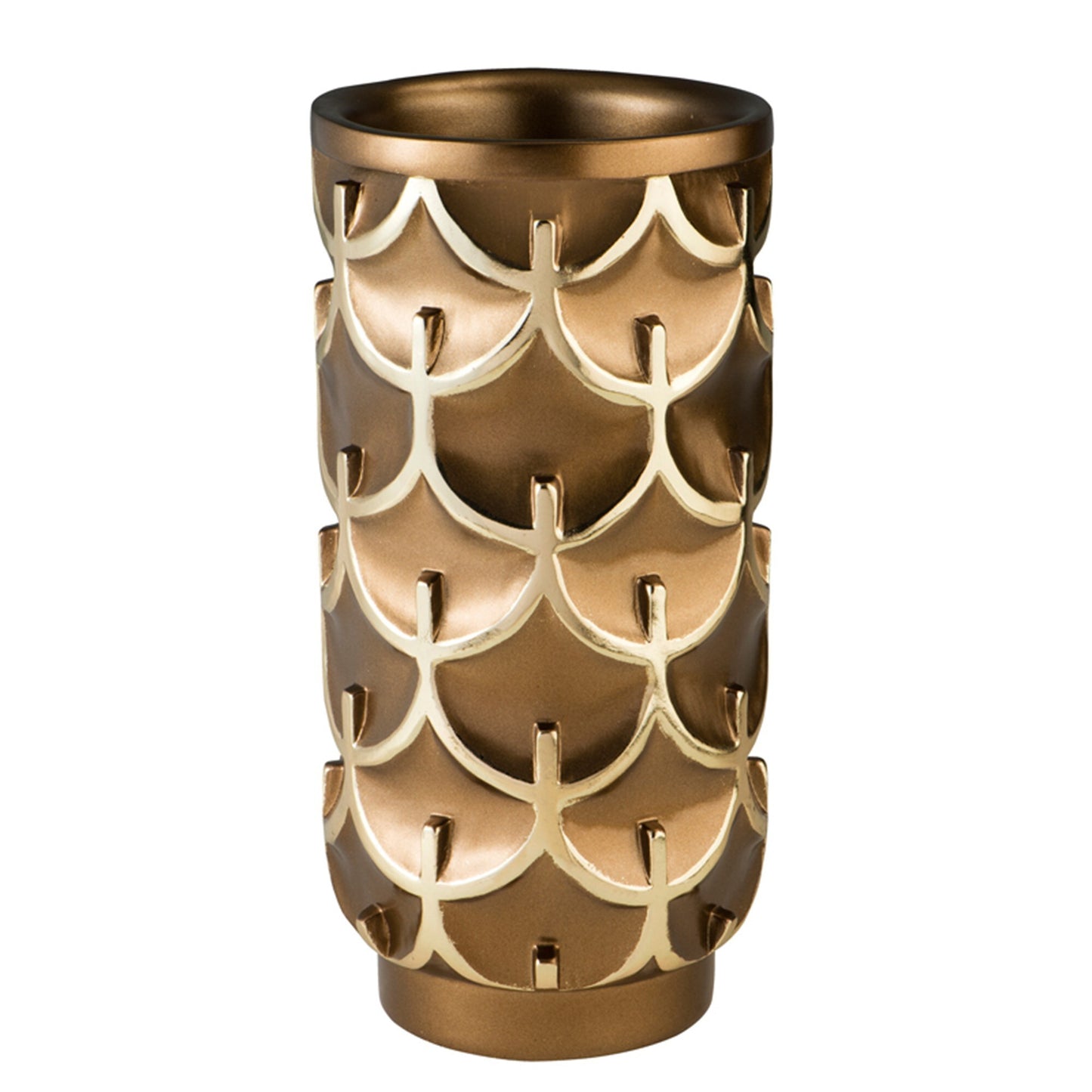 Luxury gold polyresin vase detail view showing geometric pattern, 14 inch contemporary centerpiece