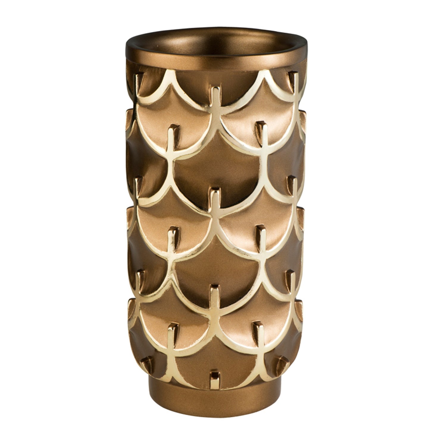 14 inch gold cylinder vase with geometric design, watertight polyresin construction for modern home