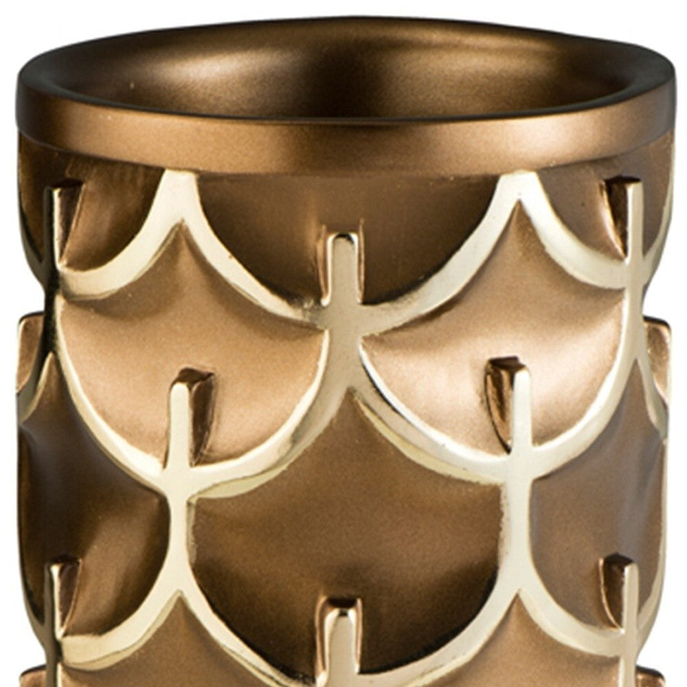Modern glam gold vase showing radiant finish and geometric details, 14 inch luxury table decor