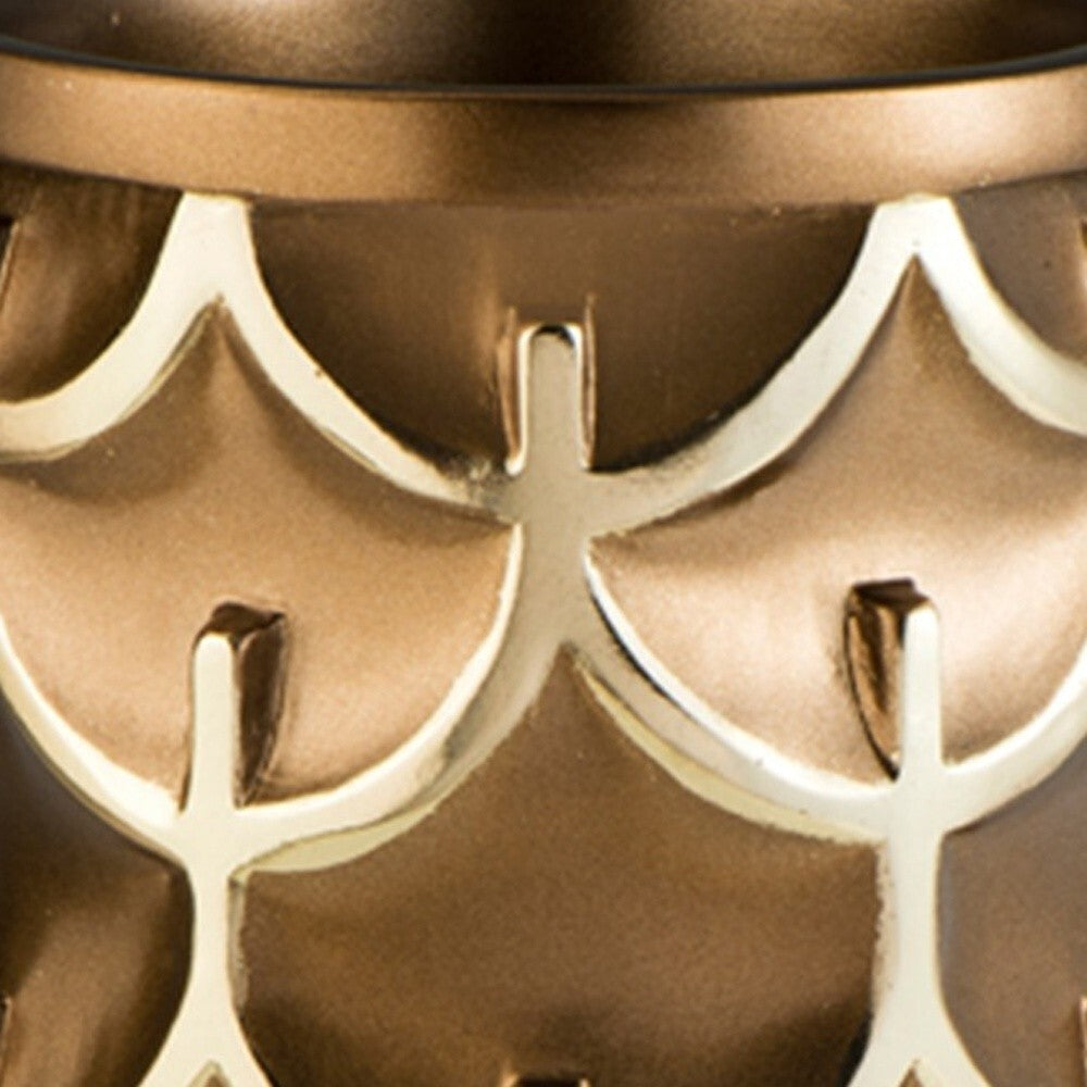 Gold geometric polyresin vase side view, 14 inch contemporary cylinder centerpiece for elegant interiors