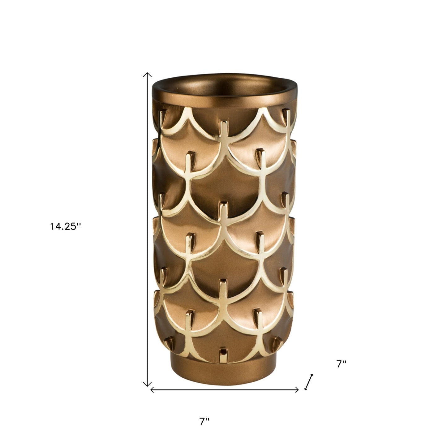 14 inch luxury gold geometric cylinder vase full view, premium polyresin modern home decor statement piece
