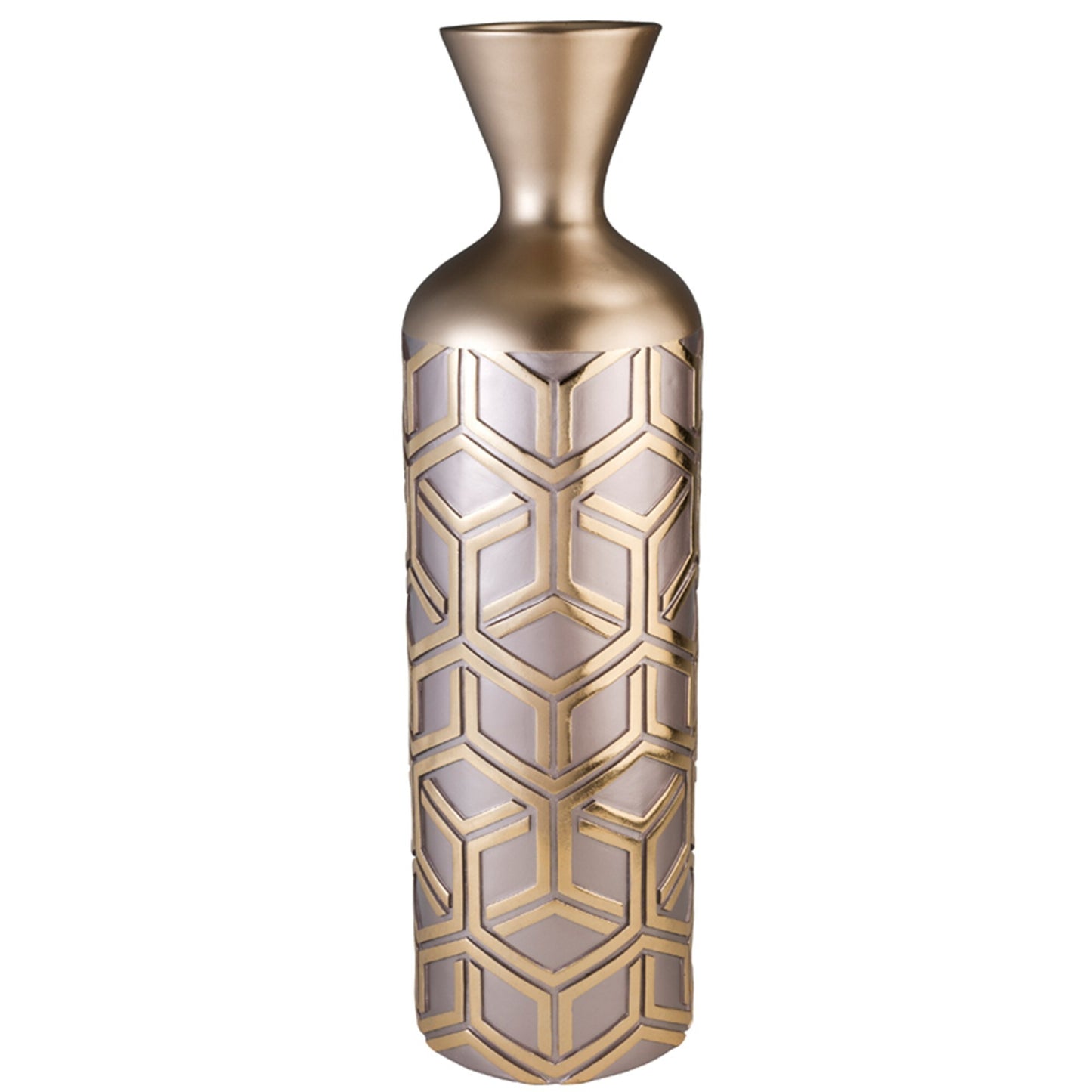Close-up of rose gold metallic finish on modern polyresin cylinder floor vase