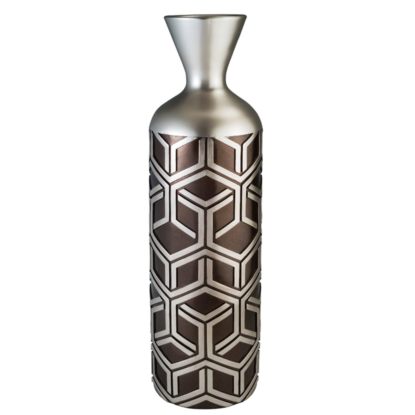 Side view of 22-inch geometric cylinder floor vase with luxurious brown and silver finish