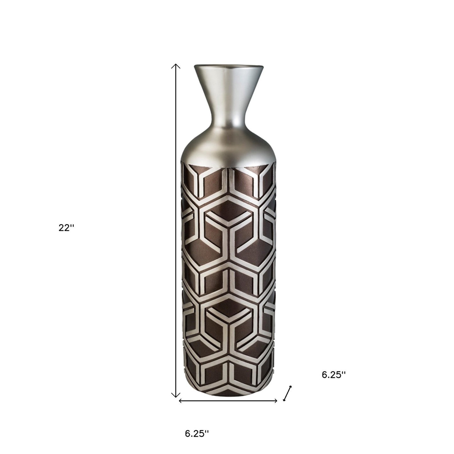 Elegant 22-inch brown and silver polyresin floor vase full view, sophisticated modern home accent