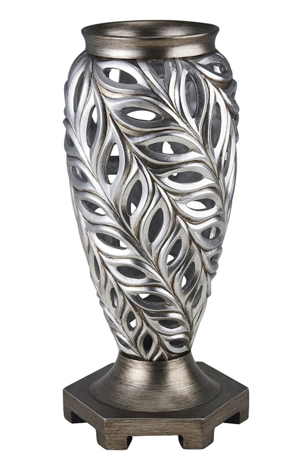 Side view of elegant gray urn vase with silver leaf design, classic silhouette perfect for upscale home decor and centerpieces