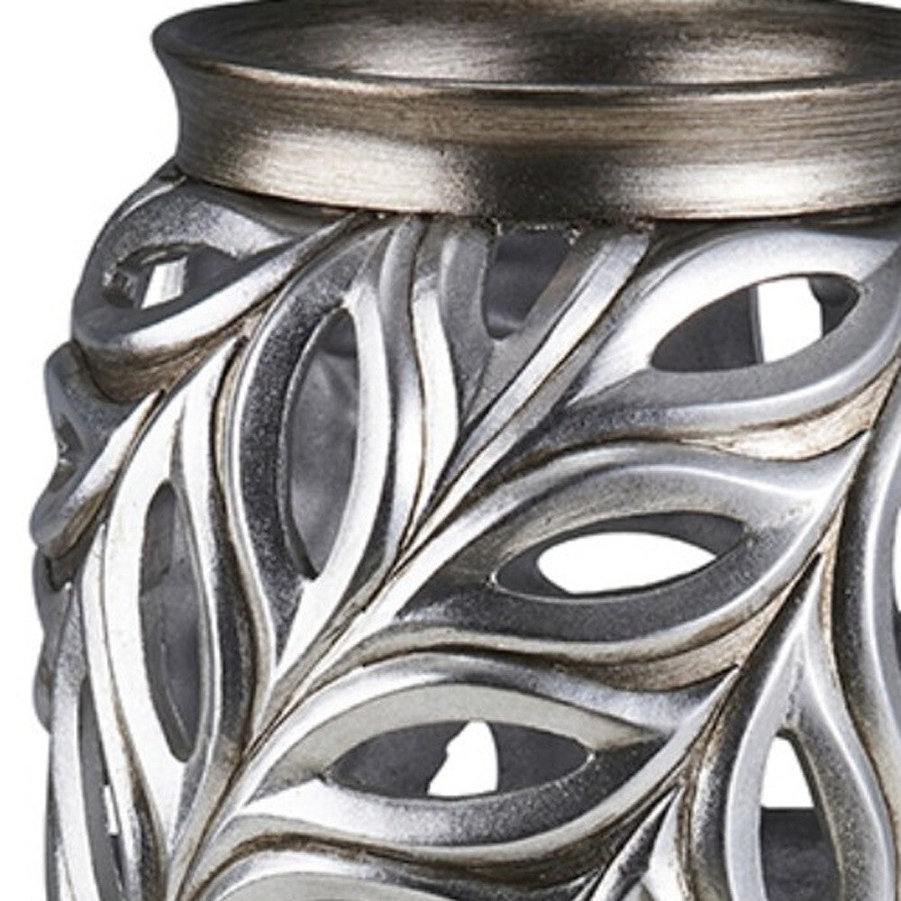 Full view of 16-inch classic urn vase with gray finish and silver leaf details, versatile elegant decor piece