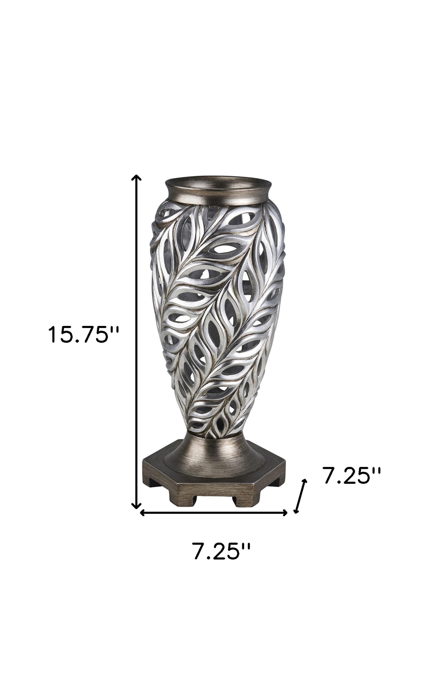 Gray and silver leaf urn vase showcasing traditional design with contemporary appeal, premium polyresin statement piece for luxury homes