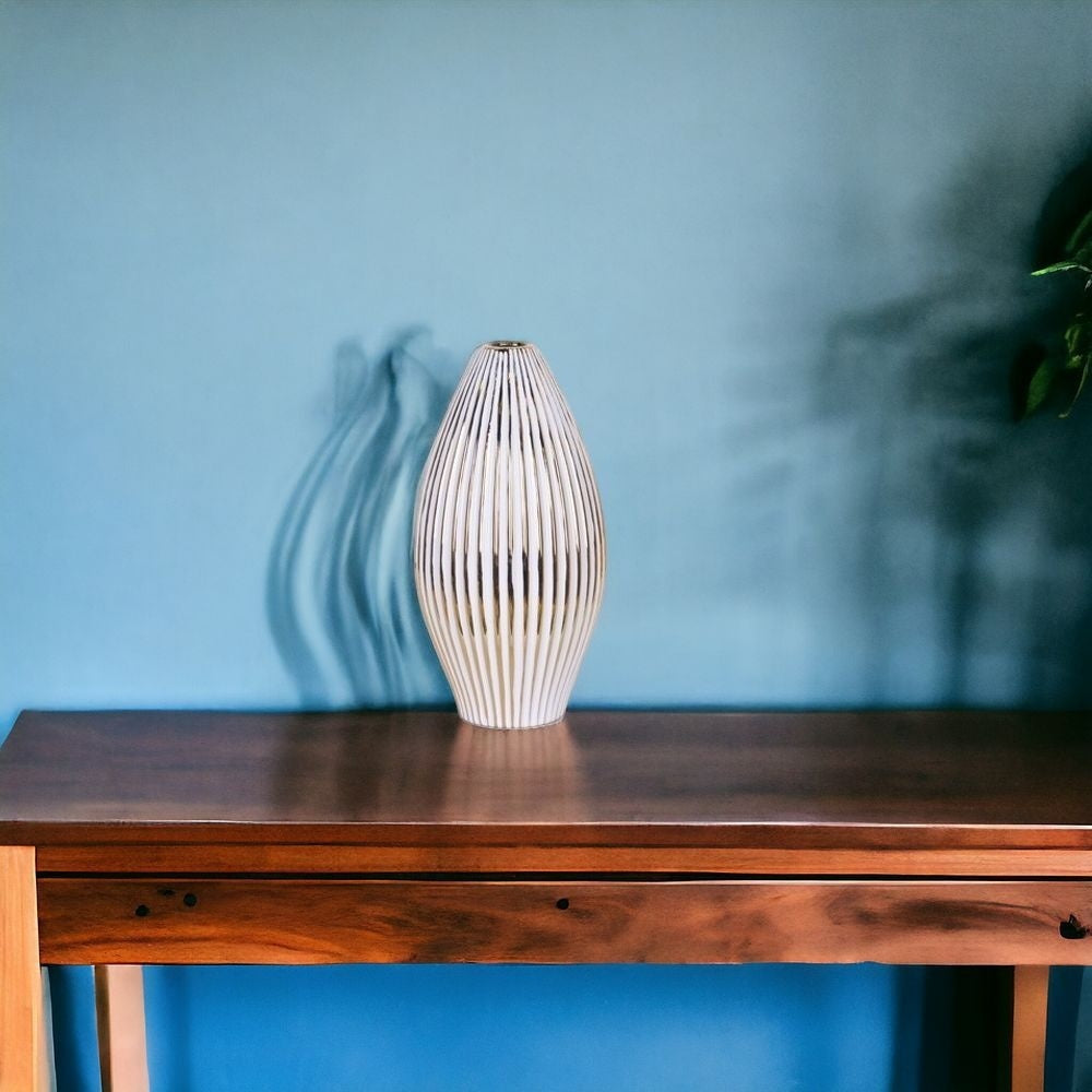 Top view of 14 inch bud vase showing opening and elegant white gold striped design