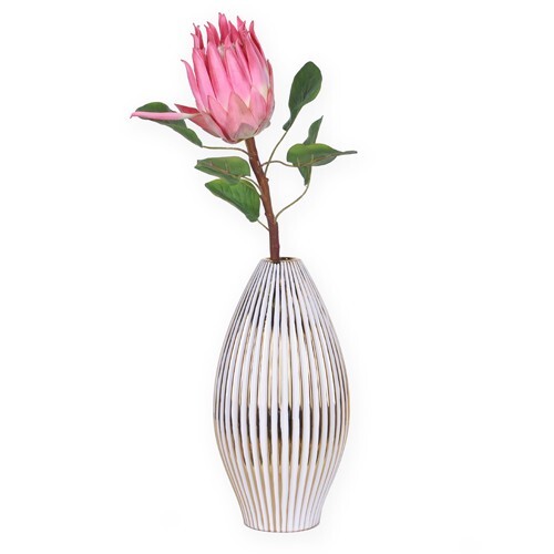 Contemporary white and gold ceramic vase with striped pattern perfect for modern table centerpieces