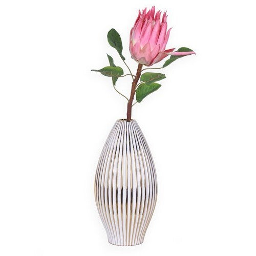Elegant striped bud vase in white and gold ideal for shelves mantels and tables