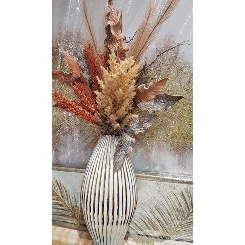 Modern 14 inch ceramic bud vase featuring stunning white and gold striped pattern for home decor