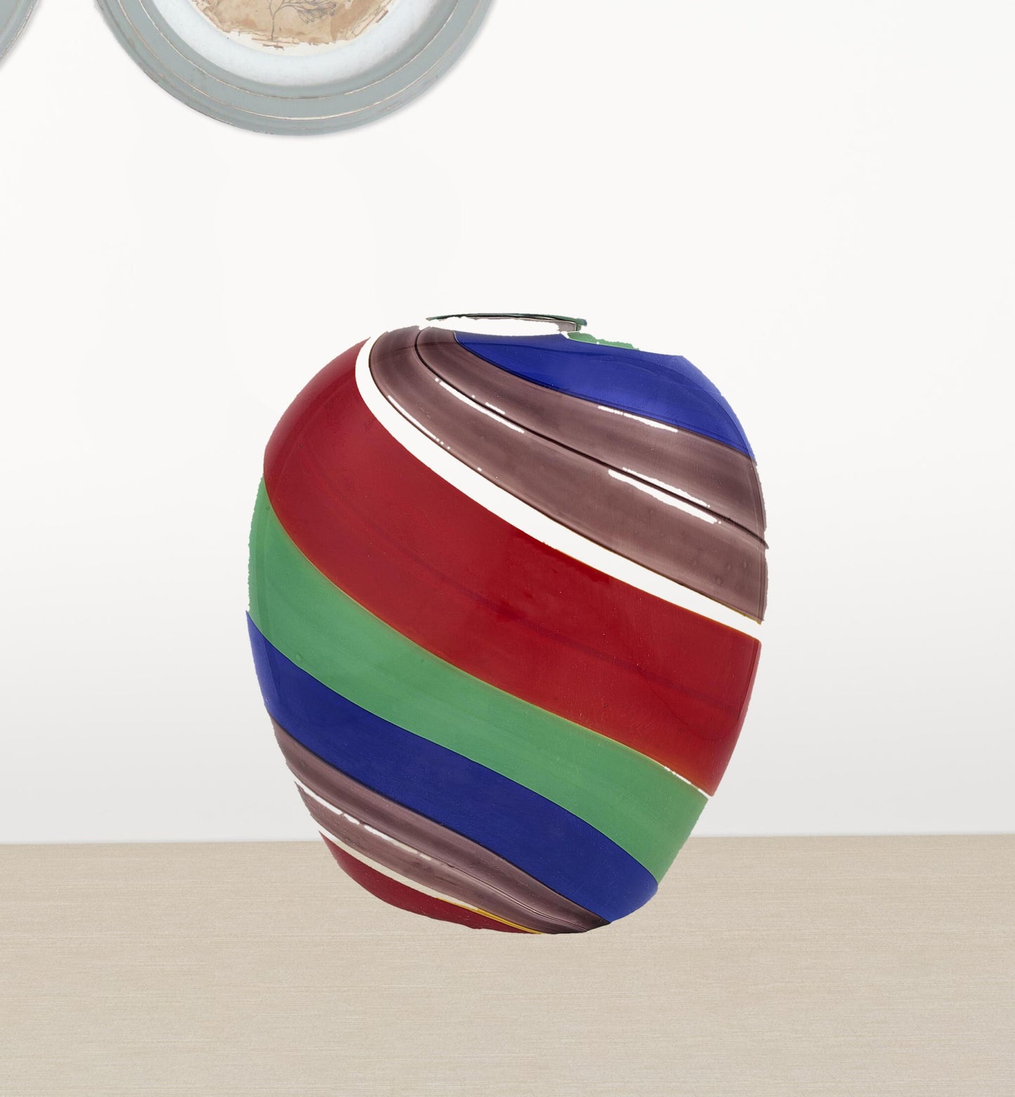 9 inch round glass vase with red blue green stripes, Murano style artistic table centerpiece