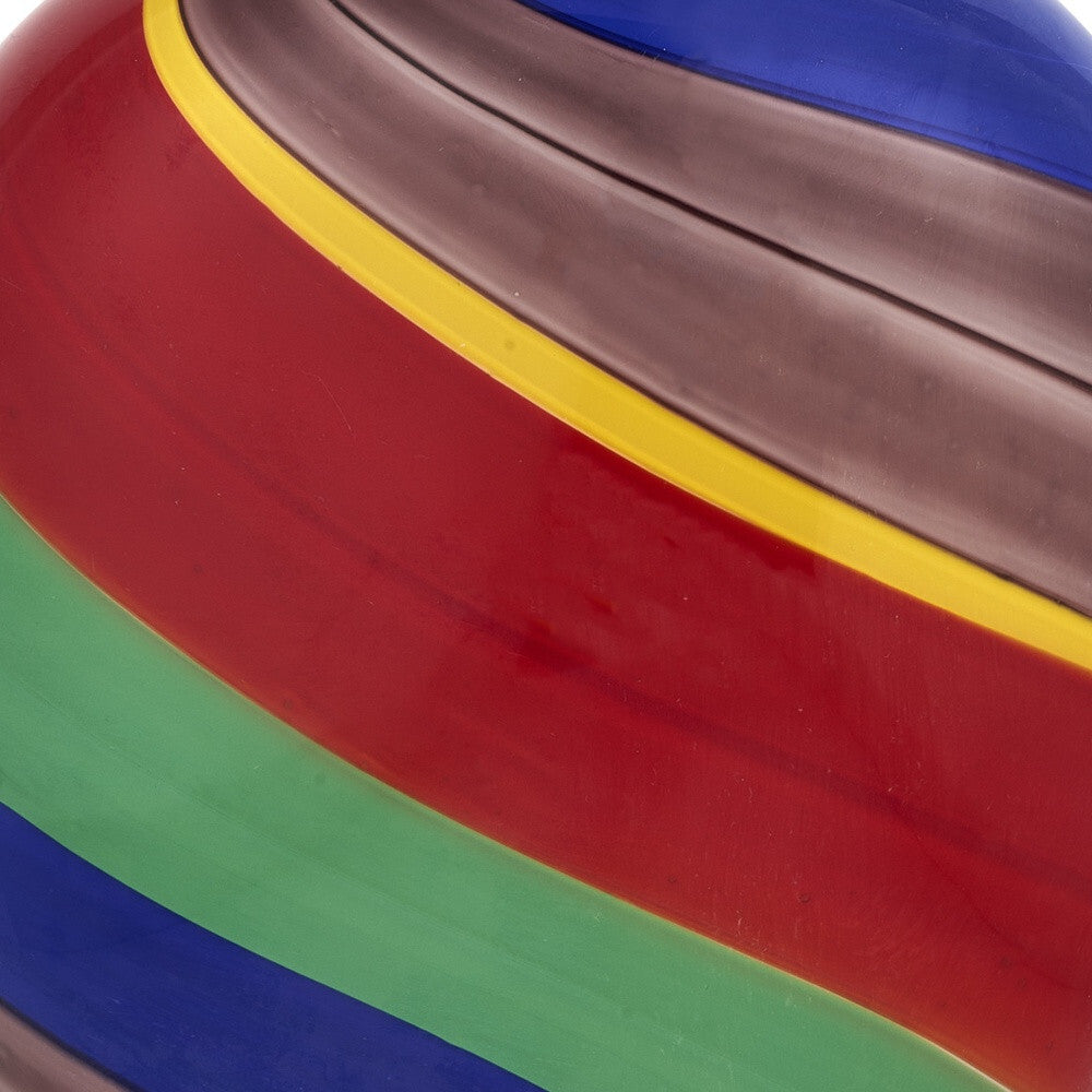 Art glass vase with bold red blue green striped design, 9 inch colorful statement piece