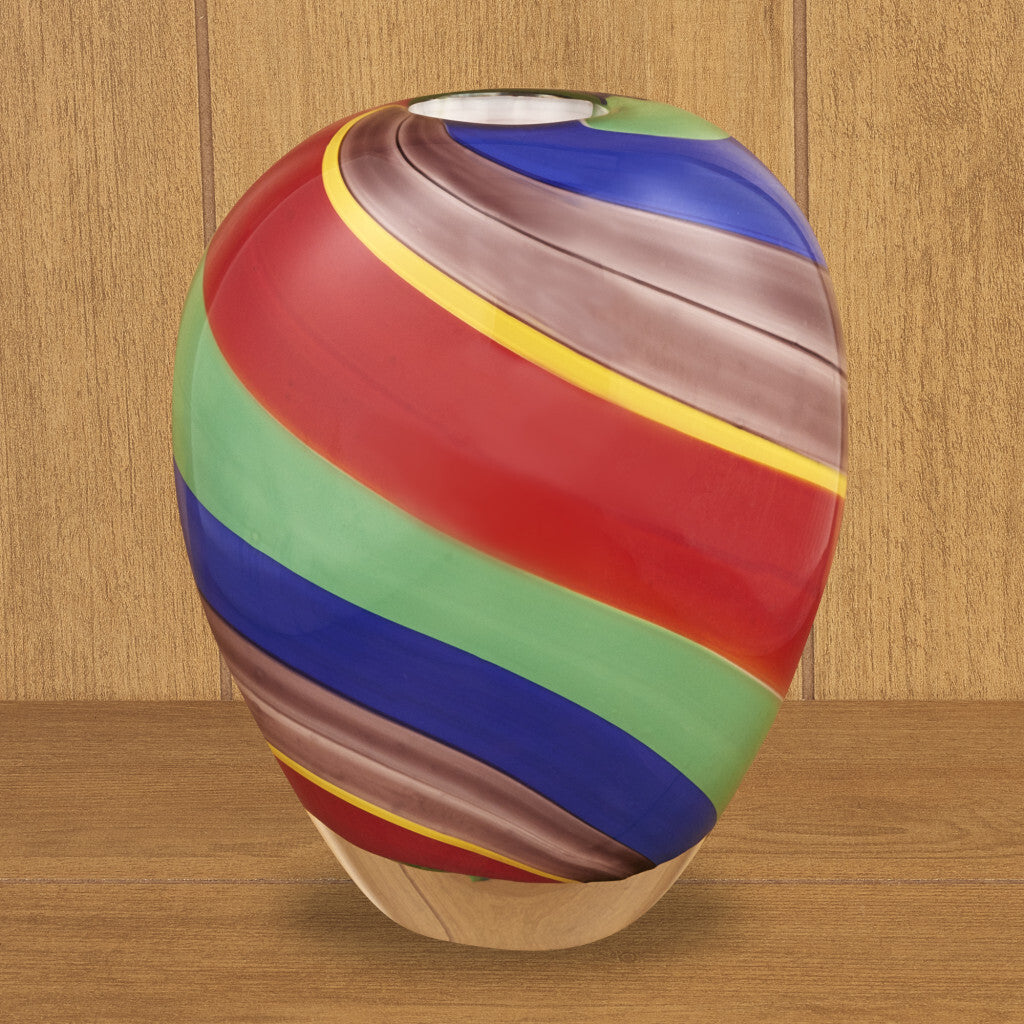 9 inch Murano style round glass vase full view, vibrant striped pattern perfect for artistic home decor