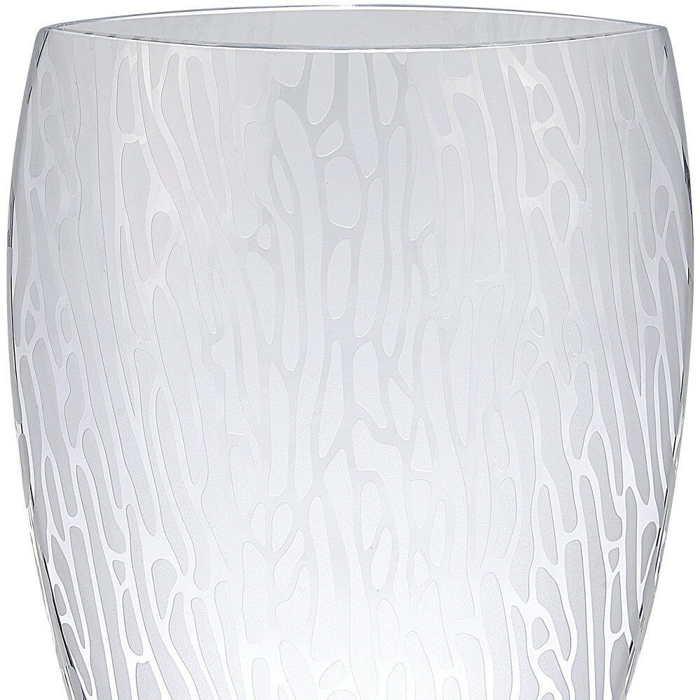 Contemporary crystal vase showing light reflection through clear and frosted surfaces, 12 inch statement piece