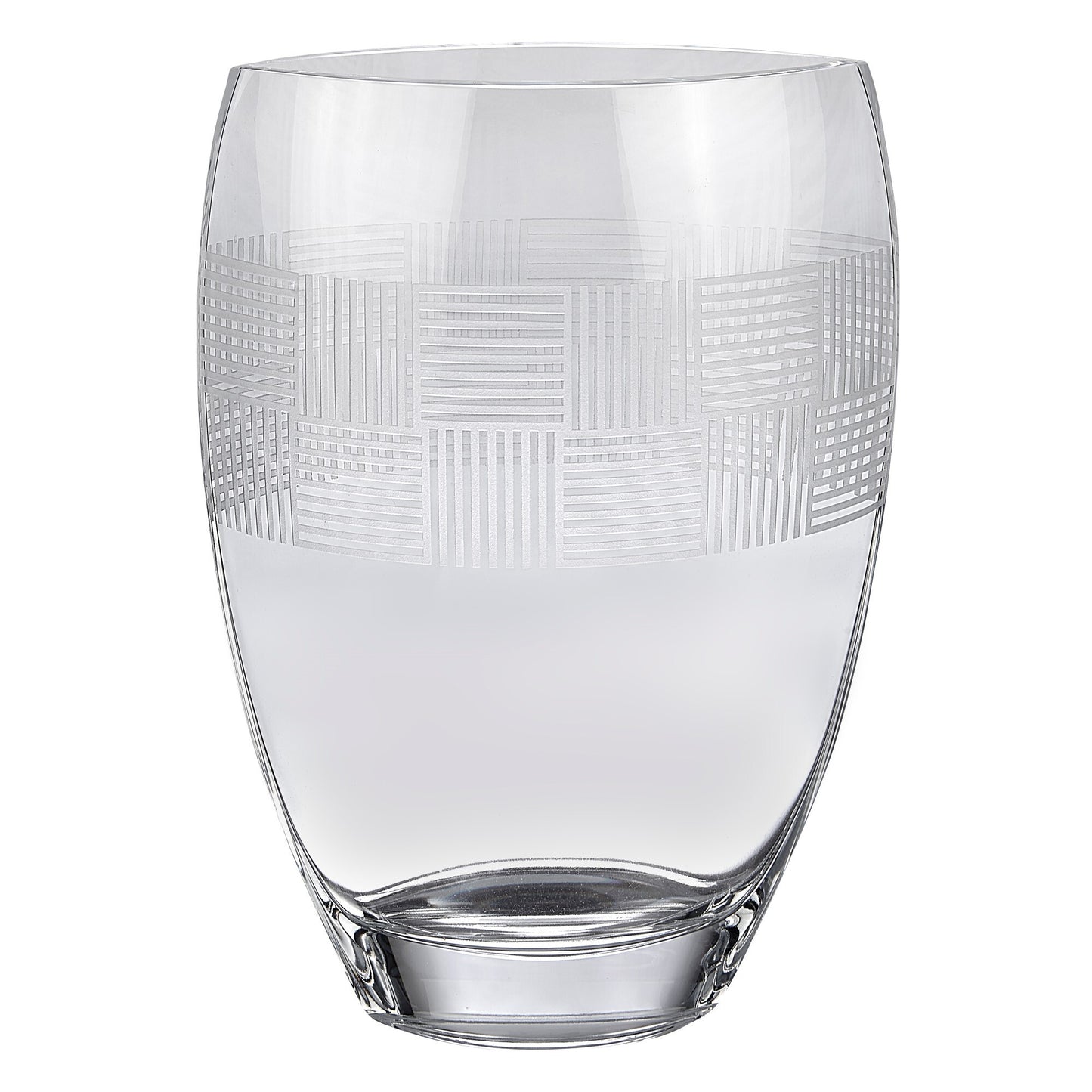Clear crystal geometric vase side view showing oval shape and intricate pattern design, perfect for fresh flowers
