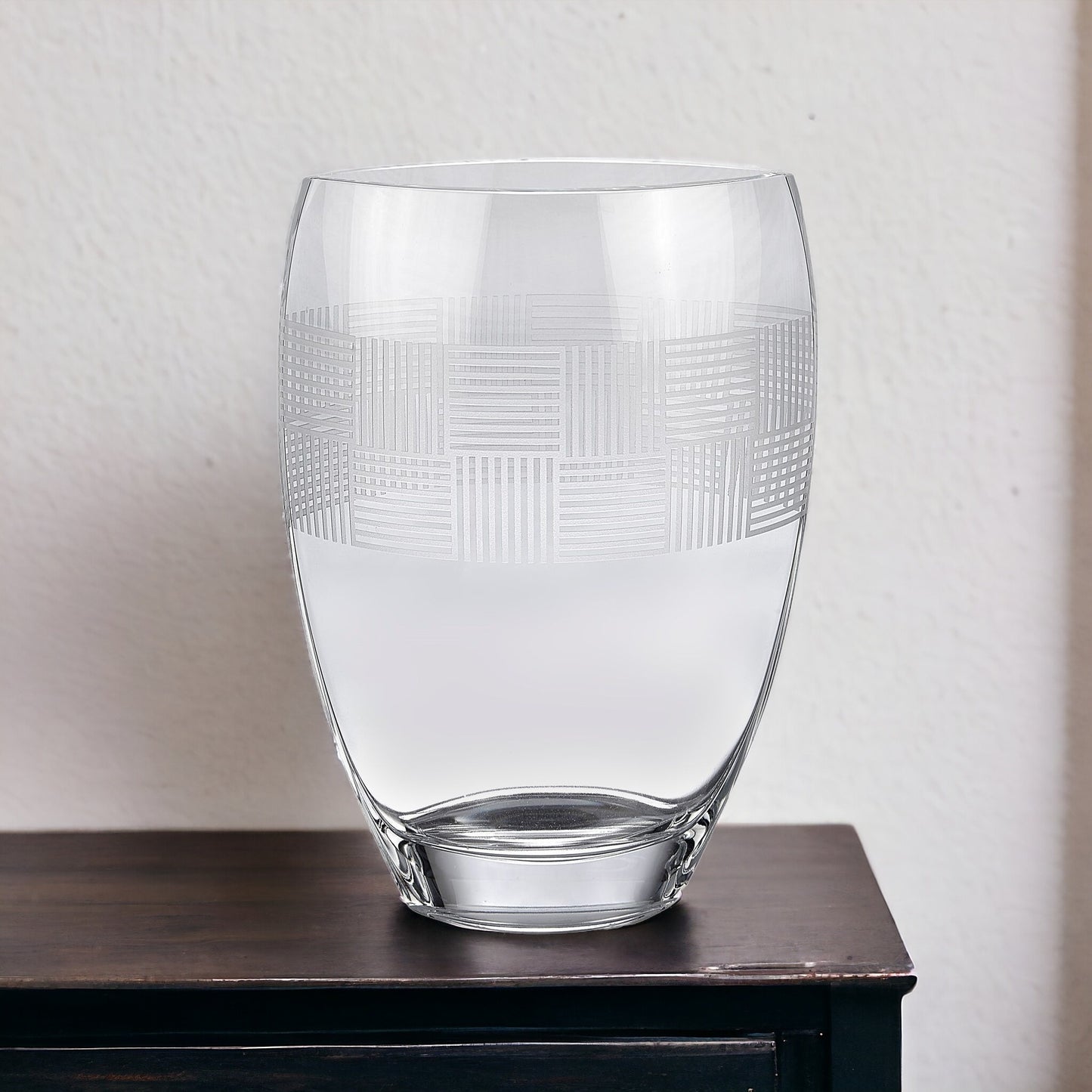 Premium crystal glass vase 12 inches tall with geometric etched pattern, contemporary table decor piece