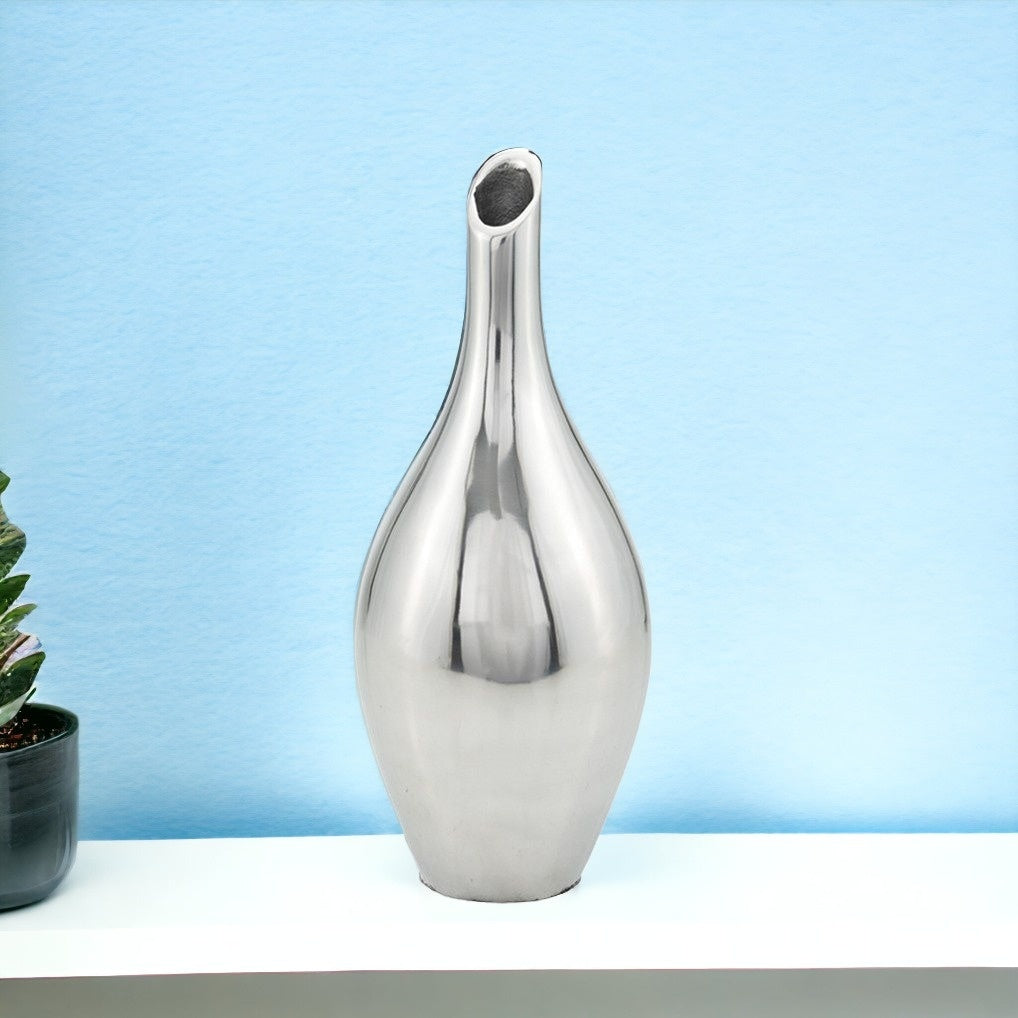 Modern silver metal vase detail view showing premium aluminum construction, 16 inch contemporary centerpiece