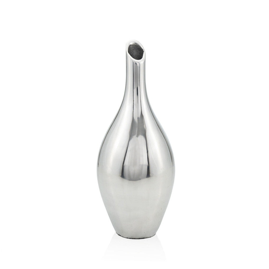 Contemporary silver aluminum vase showing sculptural bud shape, 16 inch modern home accent piece