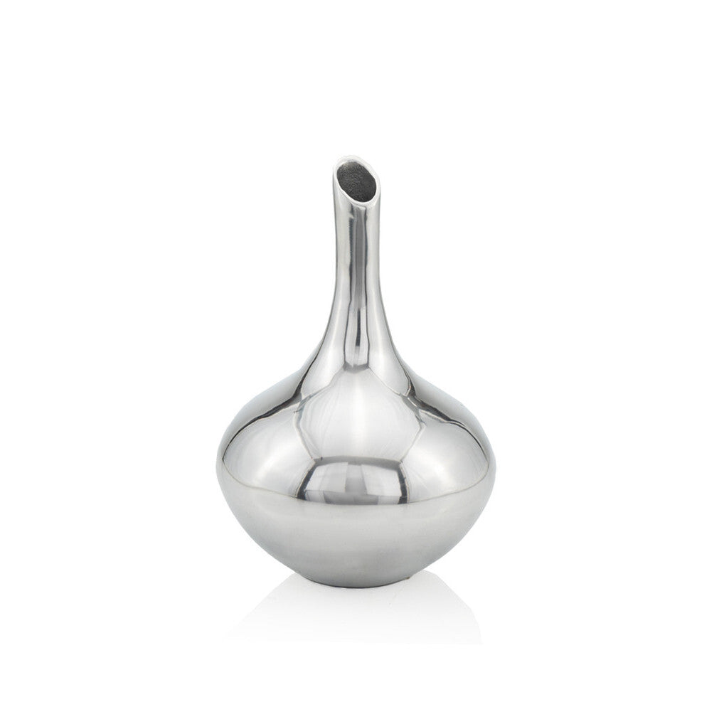 Modern silver bud vase in aluminum with slim profile, 13 inch minimalist table decoration