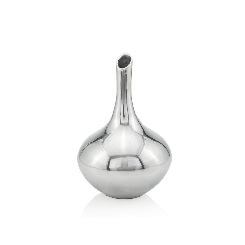 13 inch polished silver aluminum vase side view, contemporary minimalist metal decor