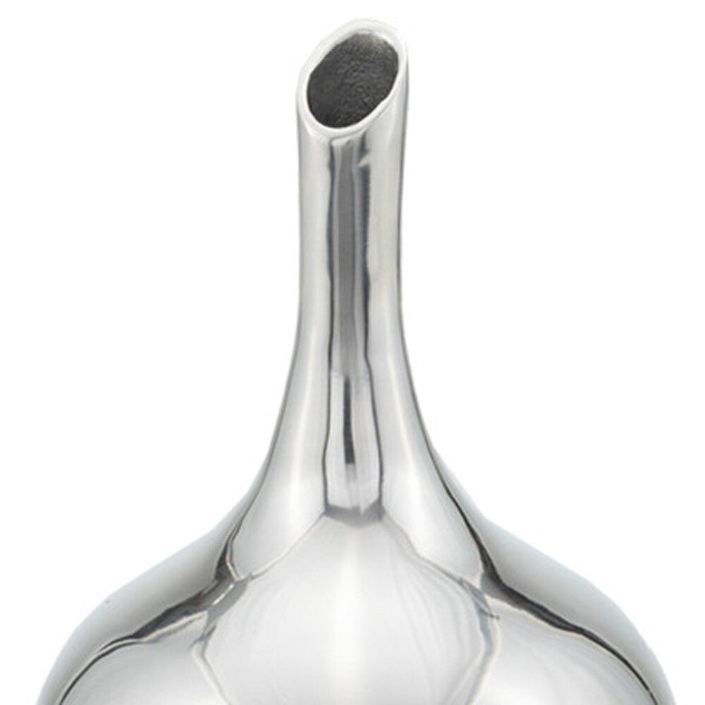 Sleek silver aluminum bud vase showing narrow opening, 13 inch modern home accent piece