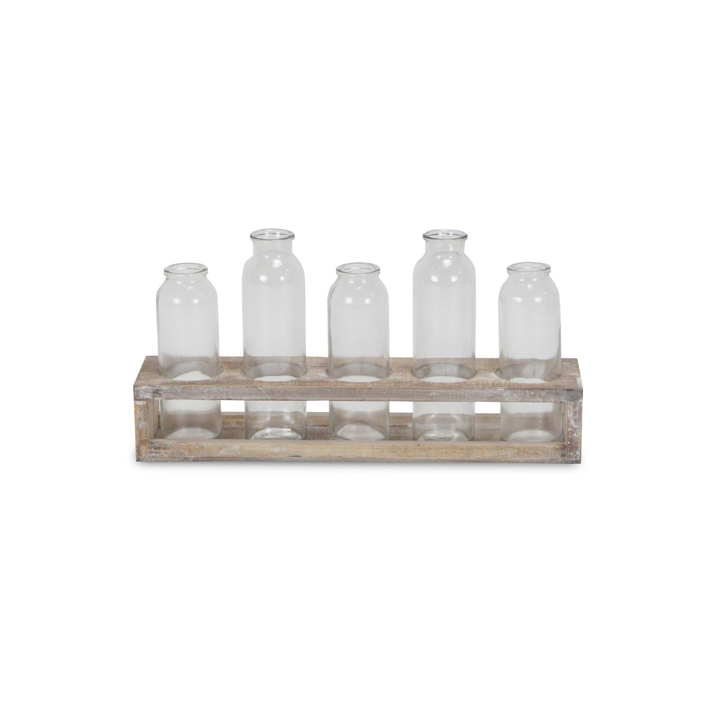 Side view of 5 clear glass bottles arranged together, versatile minimalist centerpiece