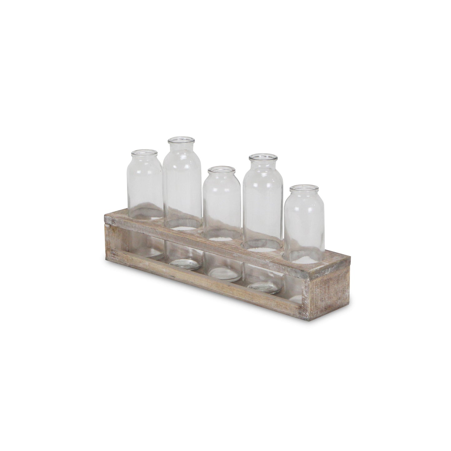 Set of five clear glass decorative bottles on display, versatile for tables and shelves