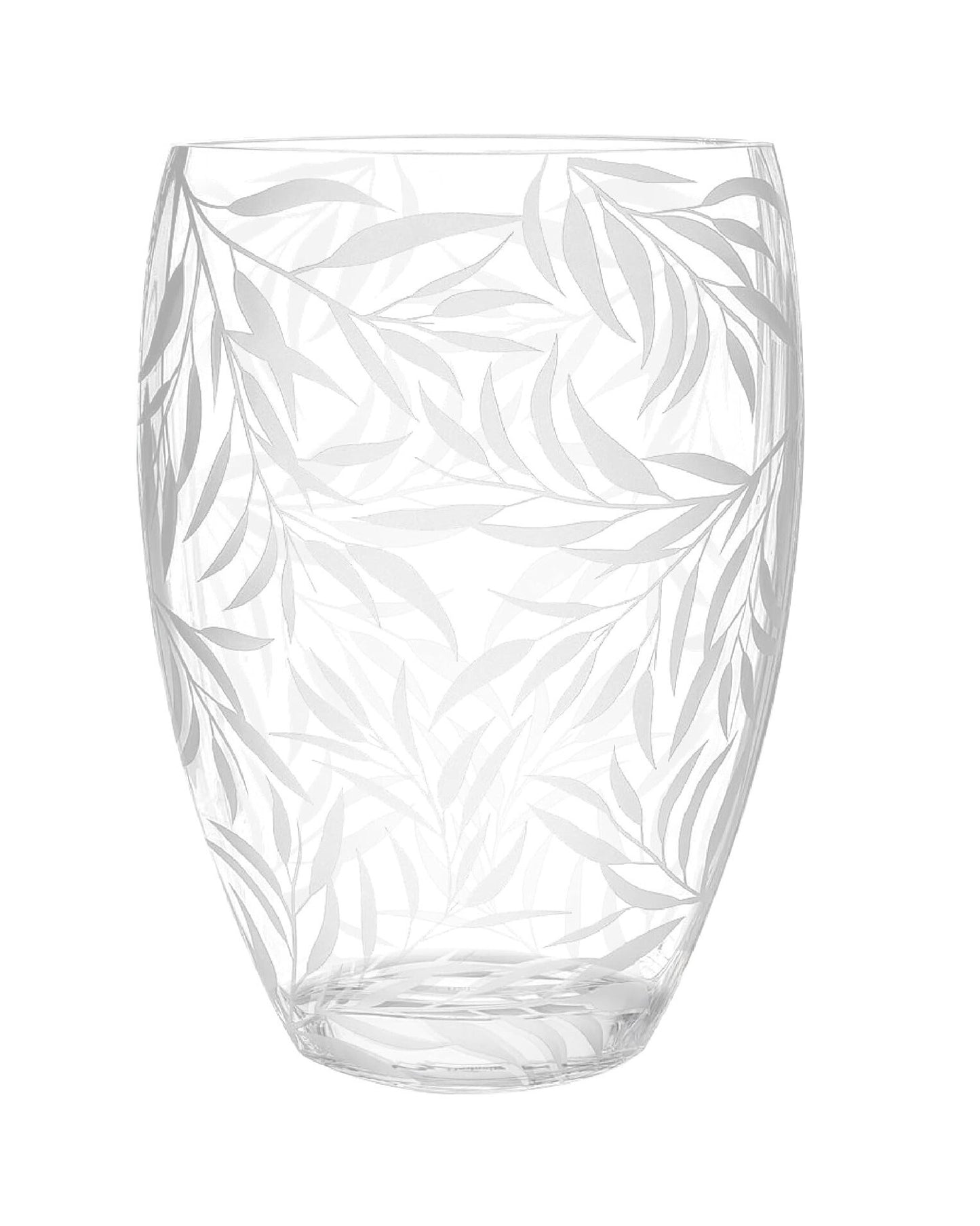 Elegant crystal glass vase with frosted leaf design side view displaying sophisticated oval silhouette