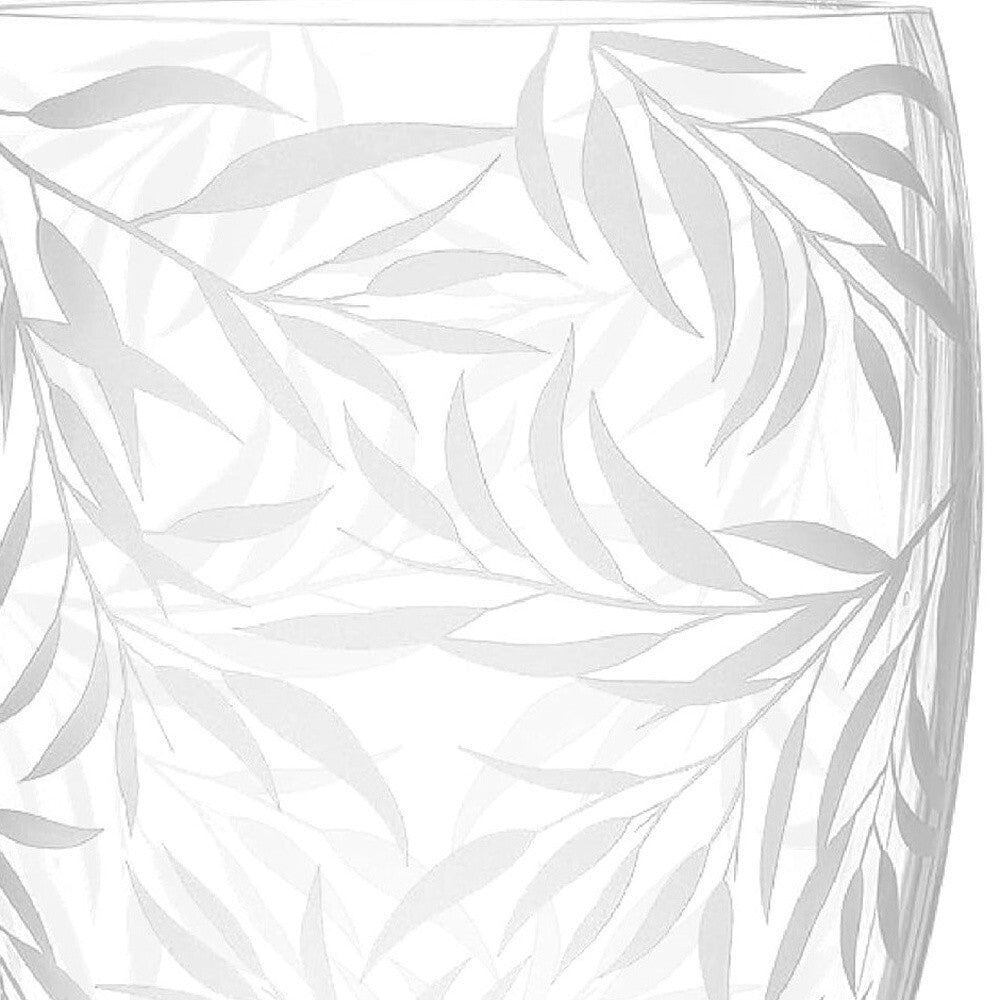 Frosted leaf pattern crystal vase alternative angle showing light-catching clear and frosted glass combination