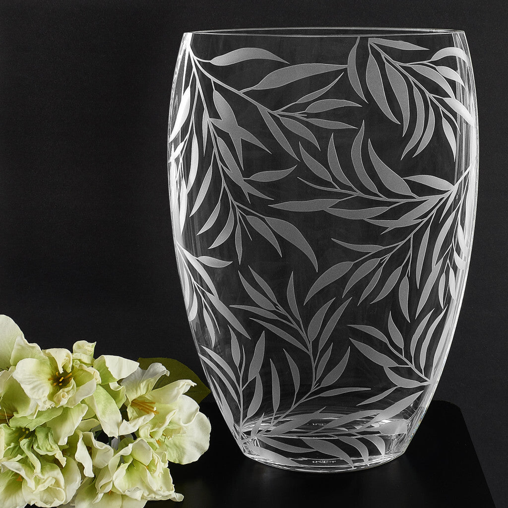 Clear and frosted oval crystal vase full view demonstrating 12 inch height ideal for flower arrangements