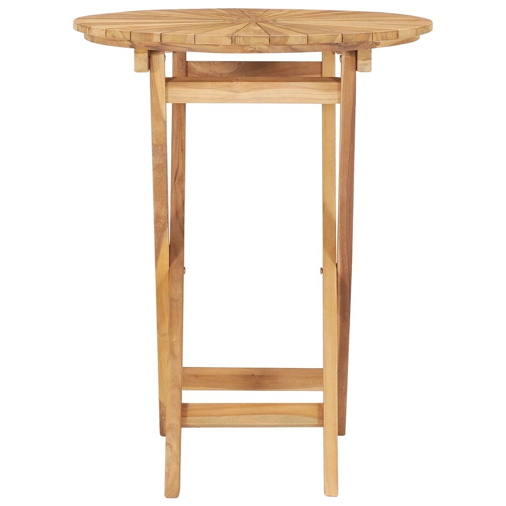 Folded teak table showing space-saving compact design for easy storage