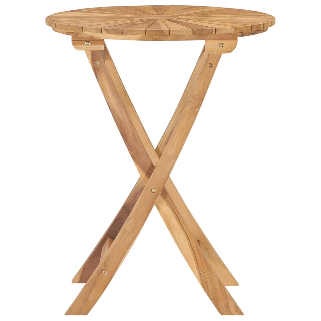 Side view of round teak folding table showing sturdy outdoor construction