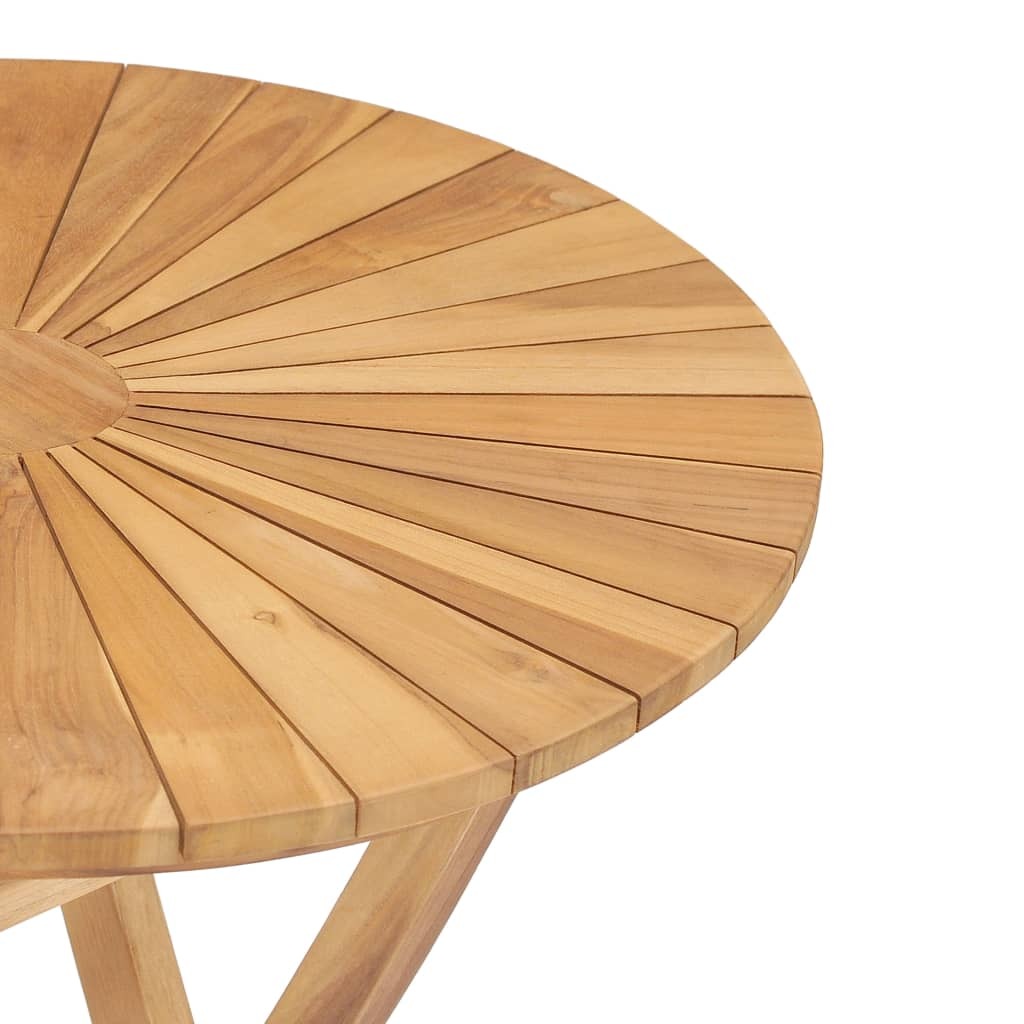 Folded outdoor teak table showing flat compact storage position
