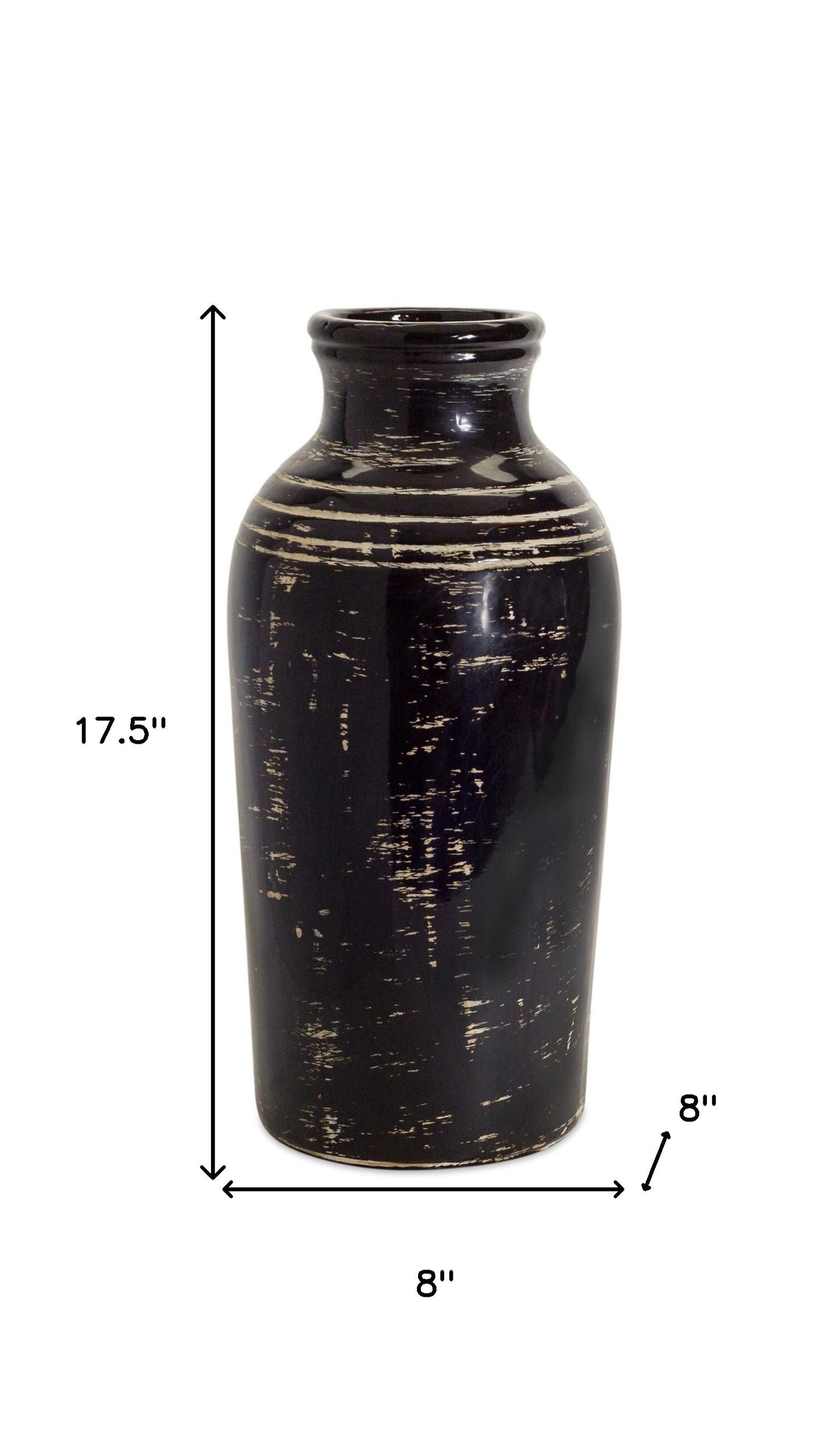 Full profile of 17.5-inch black and ivory ceramic floor vase showcasing complete urn design and bold striped pattern, timeless home decor piece