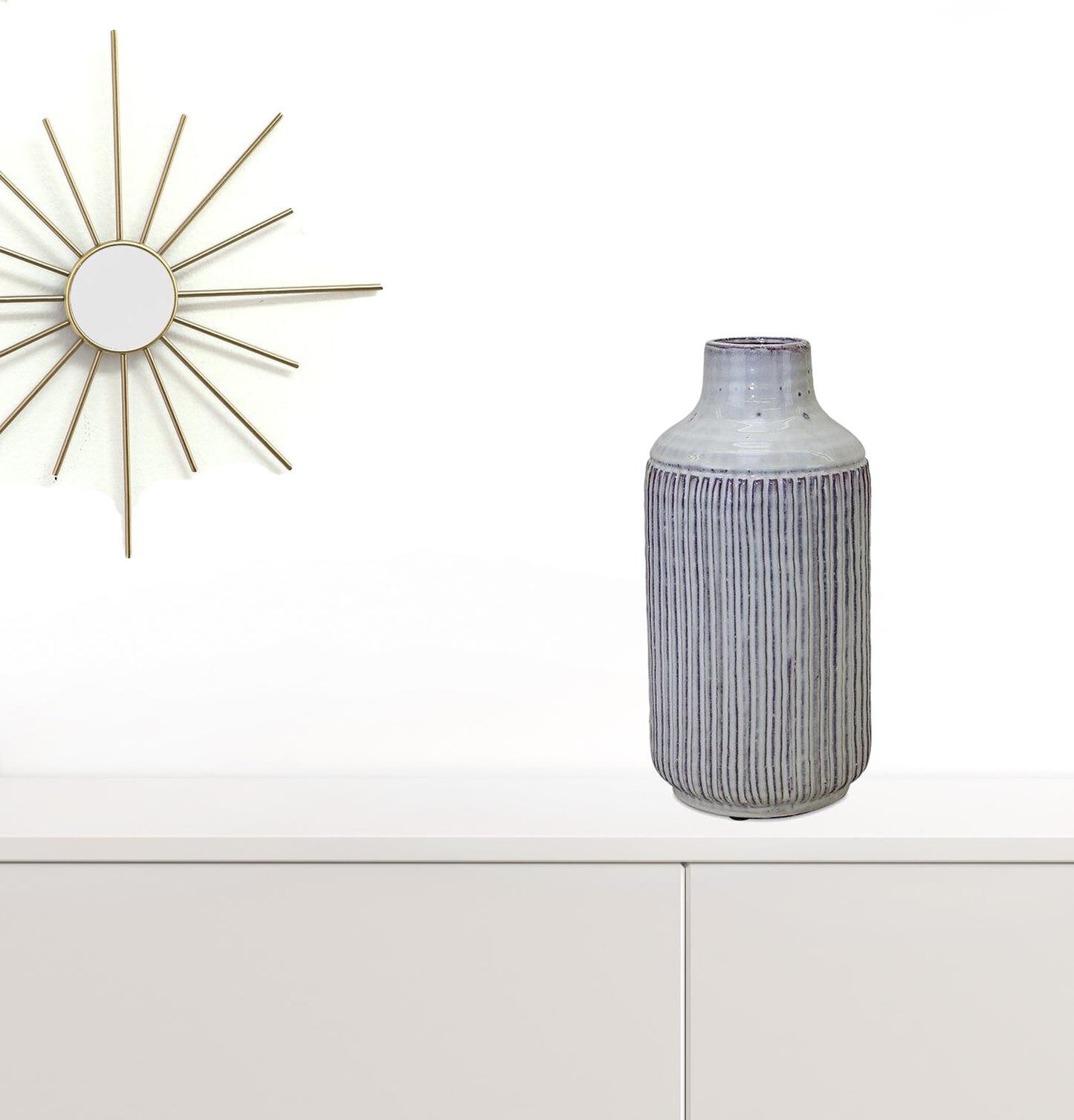 Side view of 12-inch ribbed cylinder vase in natural white and brown earth tones