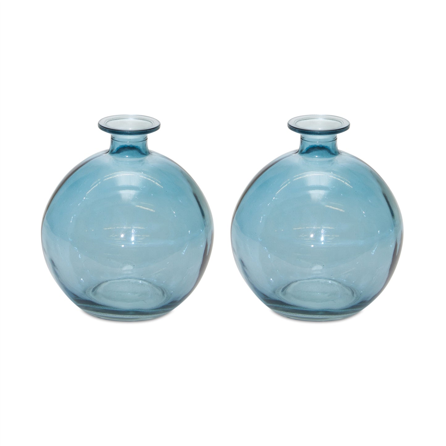 Two blue glass posy vases showing compact size and premium glass construction, 5.5 inch coastal decor
