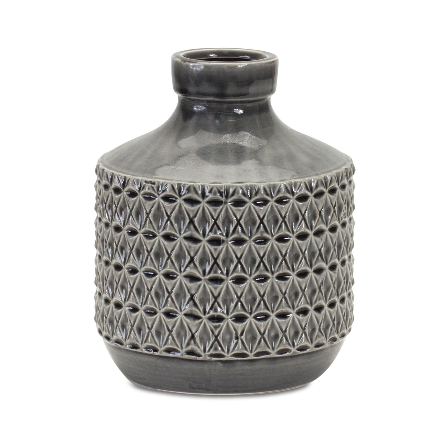 Gray terracotta table vase with geometric pattern detail, 10 inch contemporary ceramic home accent