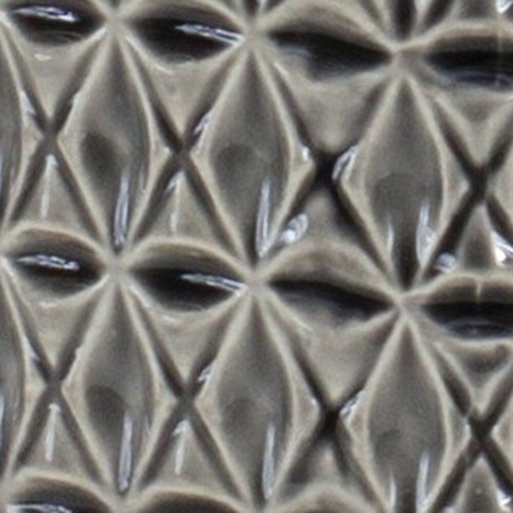 10 inch terracotta bud vase in gray with angular geometric design, side view showing sculptural shape