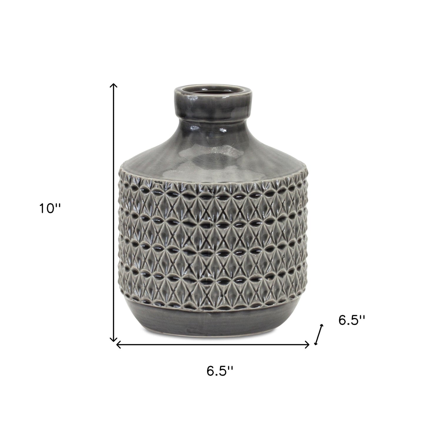 Minimalist gray terracotta vase with geometric details, modern home decor accent piece for living room or bedroom