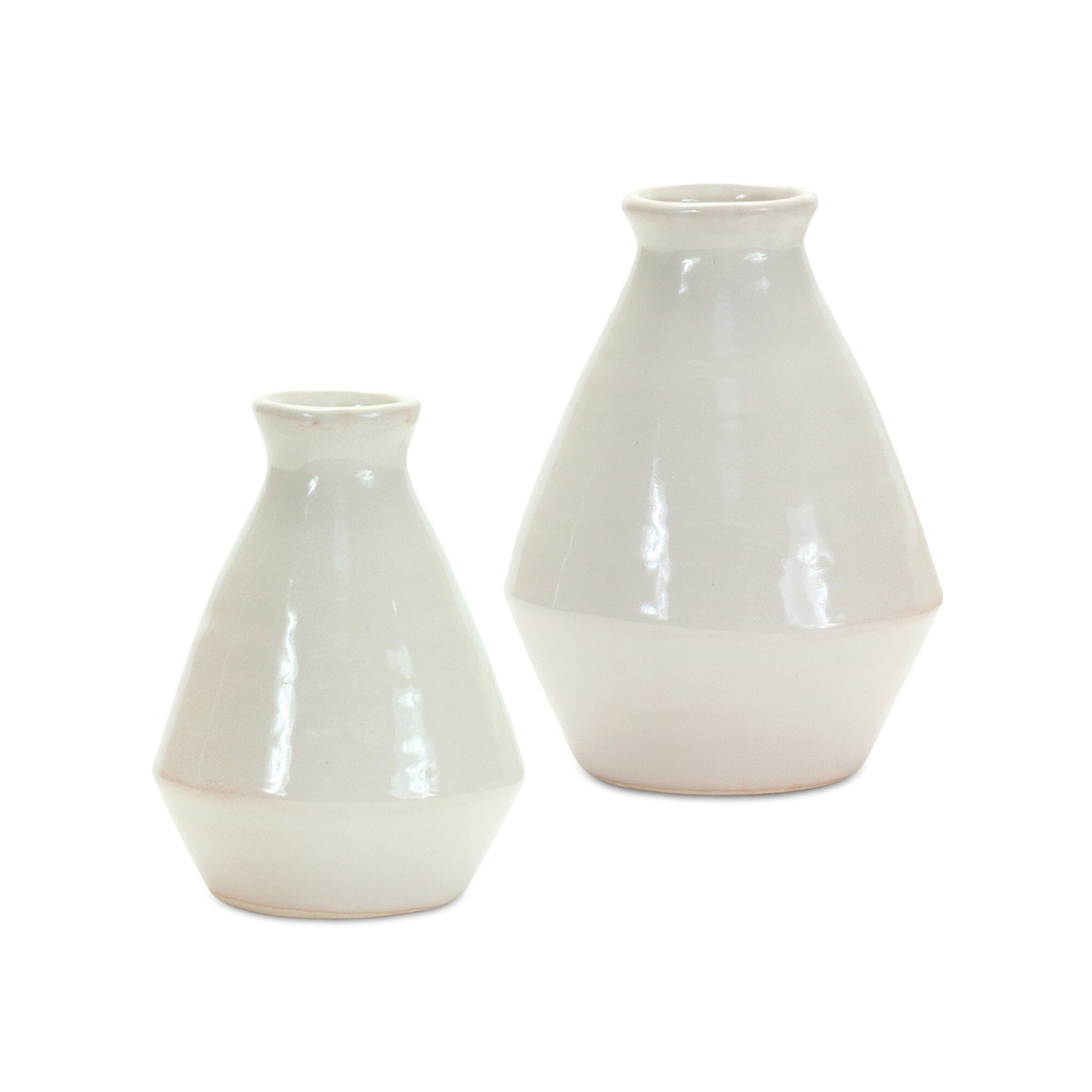 Decorative white terracotta vases set of two alternative angle showing compact size perfect for small flowers