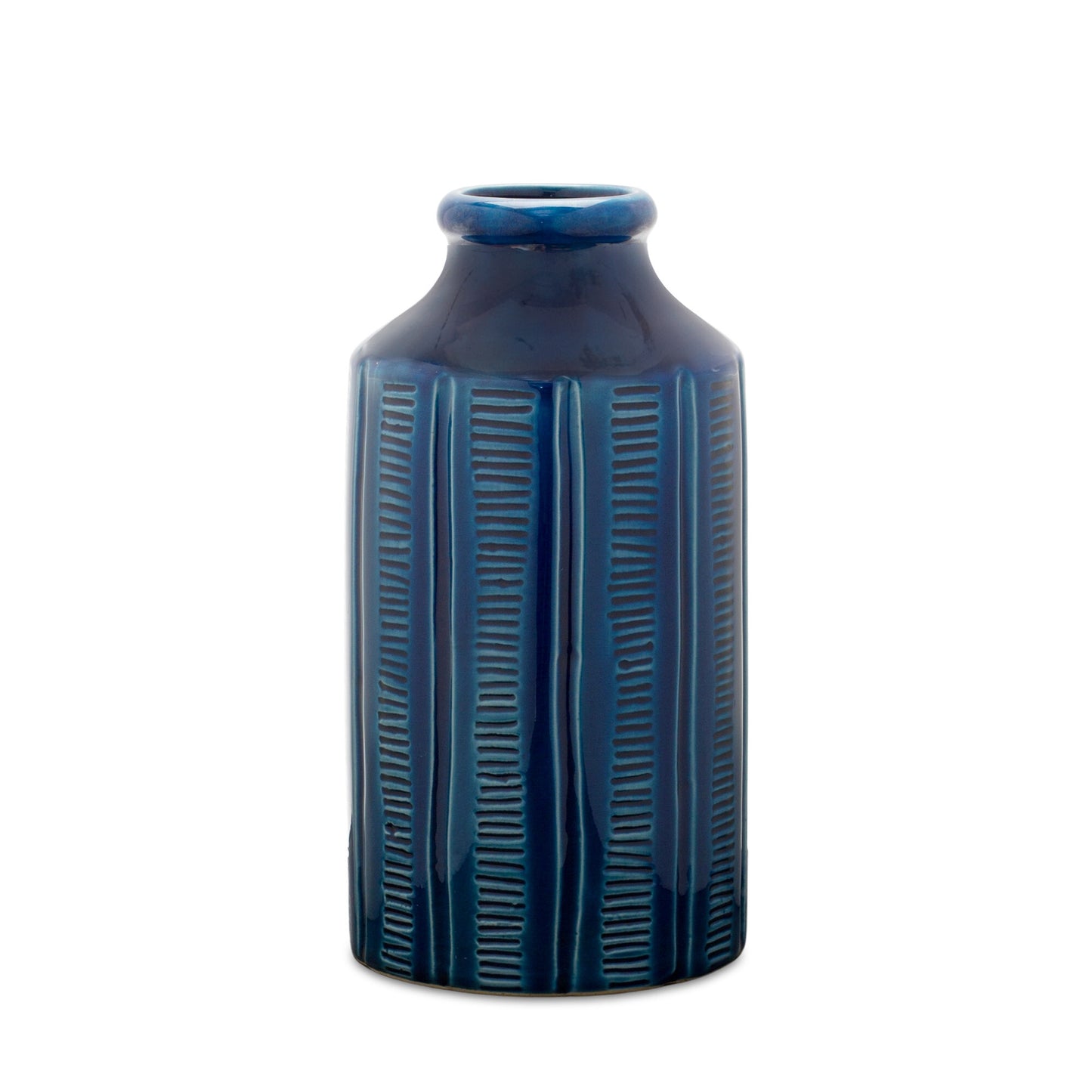 Side view of blue terracotta vase showing ribbed design and round shape perfect for tables