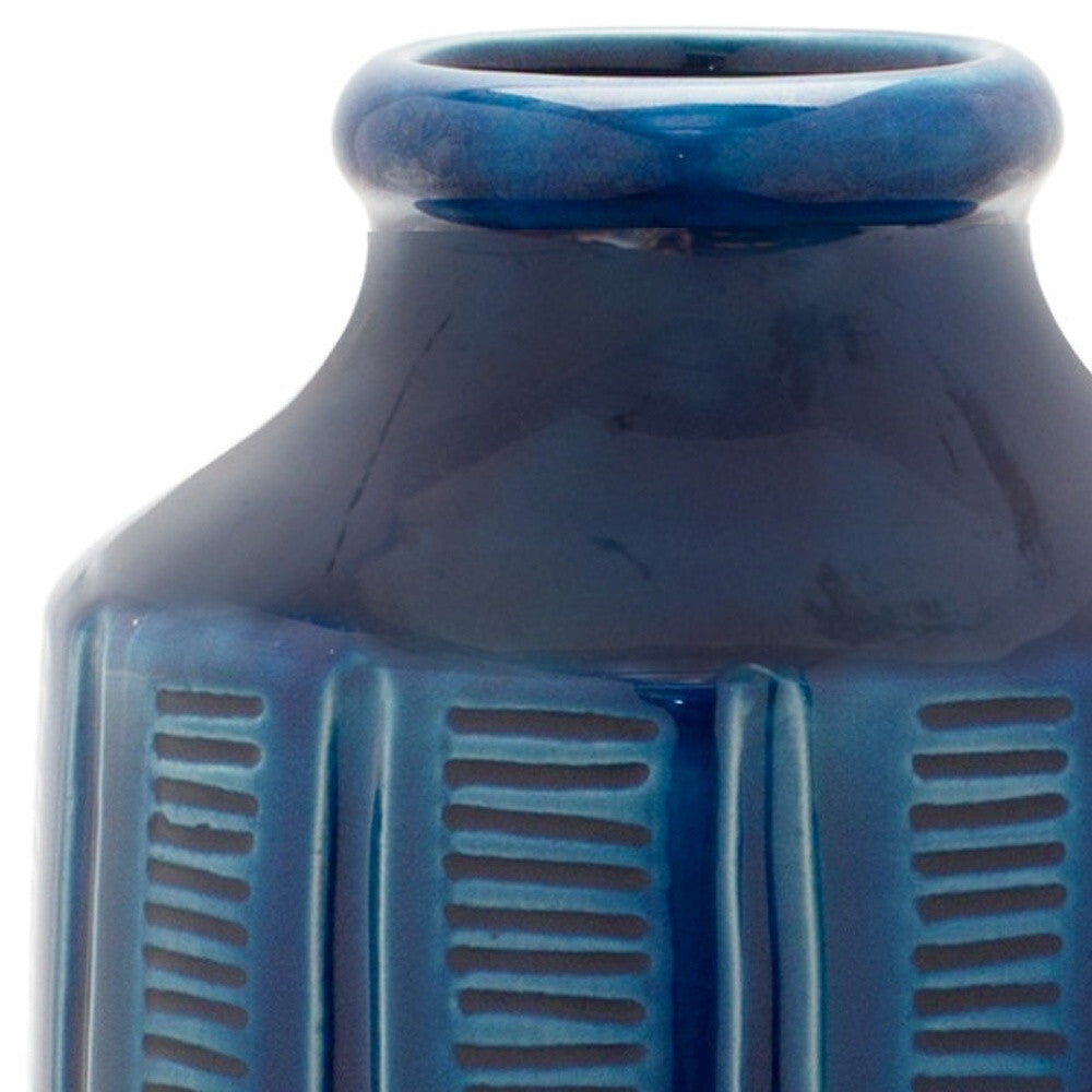 Top view of 11 inch round vase showing opening and beautiful blue terracotta finish