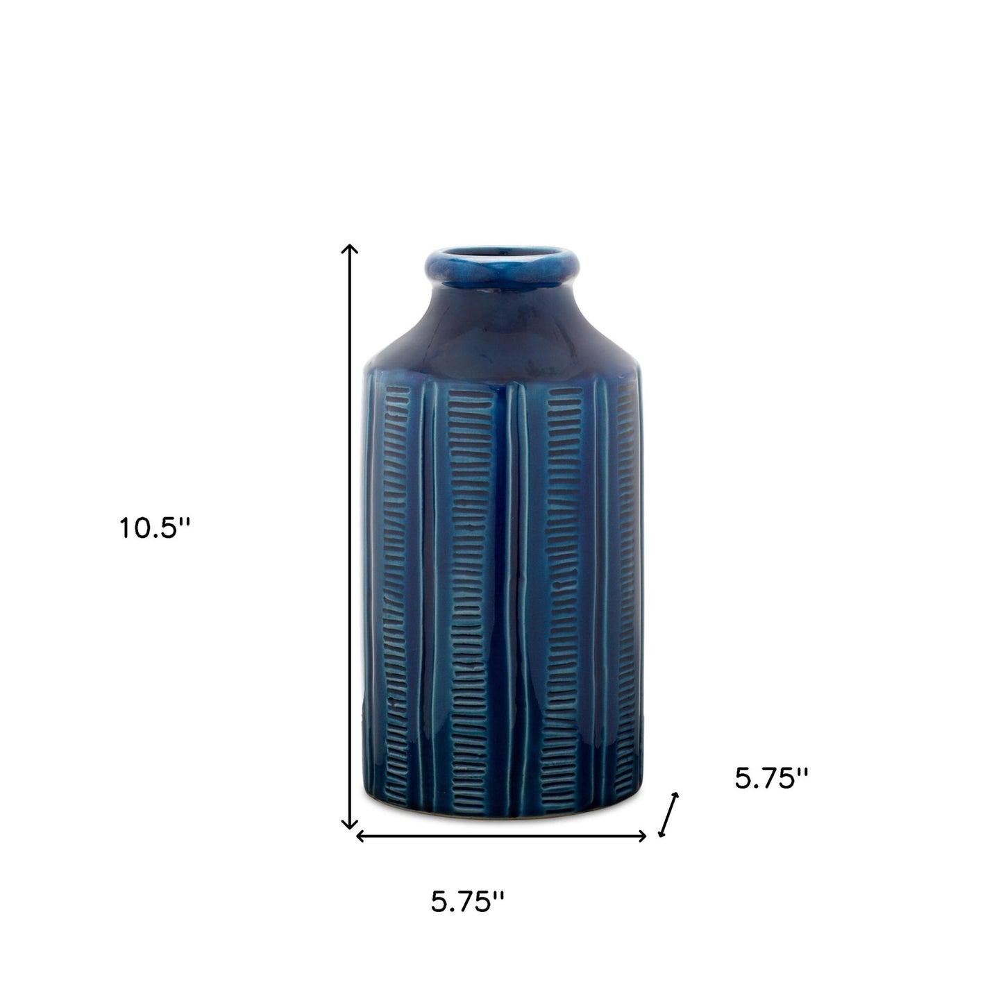 Contemporary round table vase in blue terracotta with striking ribbed pattern for home decor