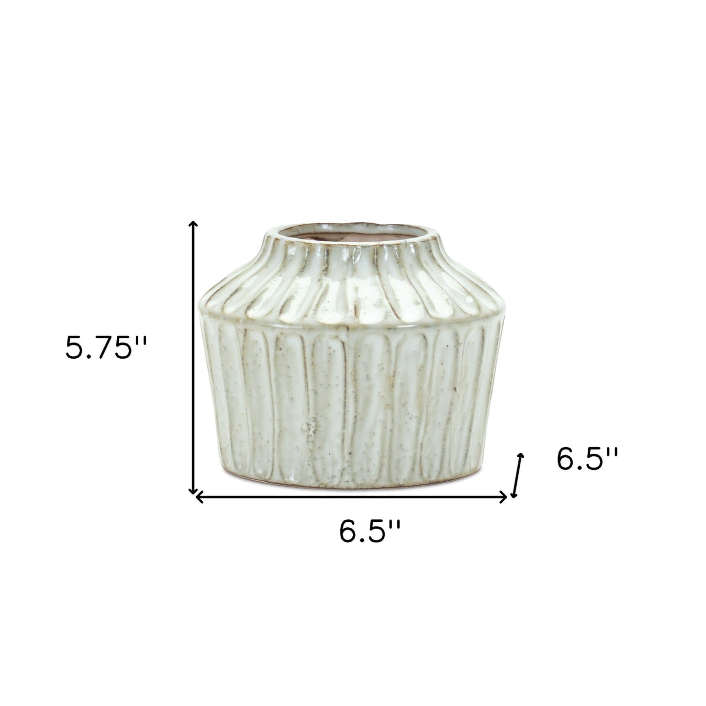 6 inch ivory ribbed round terracotta vase full view, elegant textured table decoration